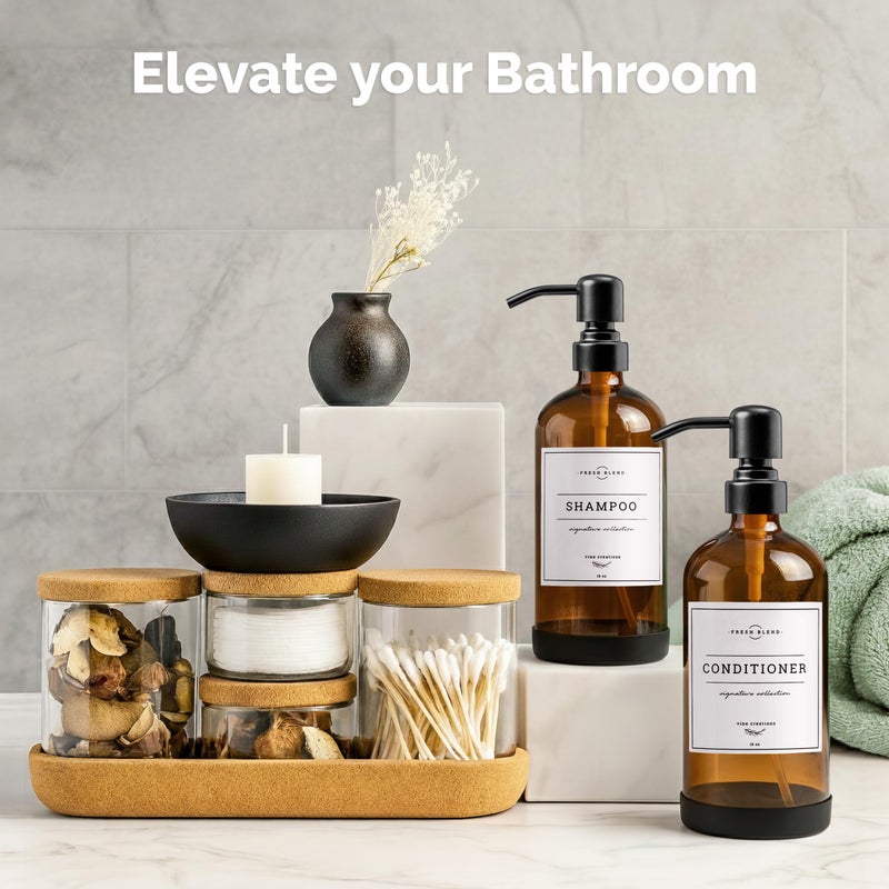 Vine Creations Amber Glass Soap Dispenser, 2 Pack Kitchen Soap Dispenser Set with Stainless Steel Pump, 16 oz Dish Soap and Hand Soap Dispensers for Bathroom with Waterproof Labels - Image 4
